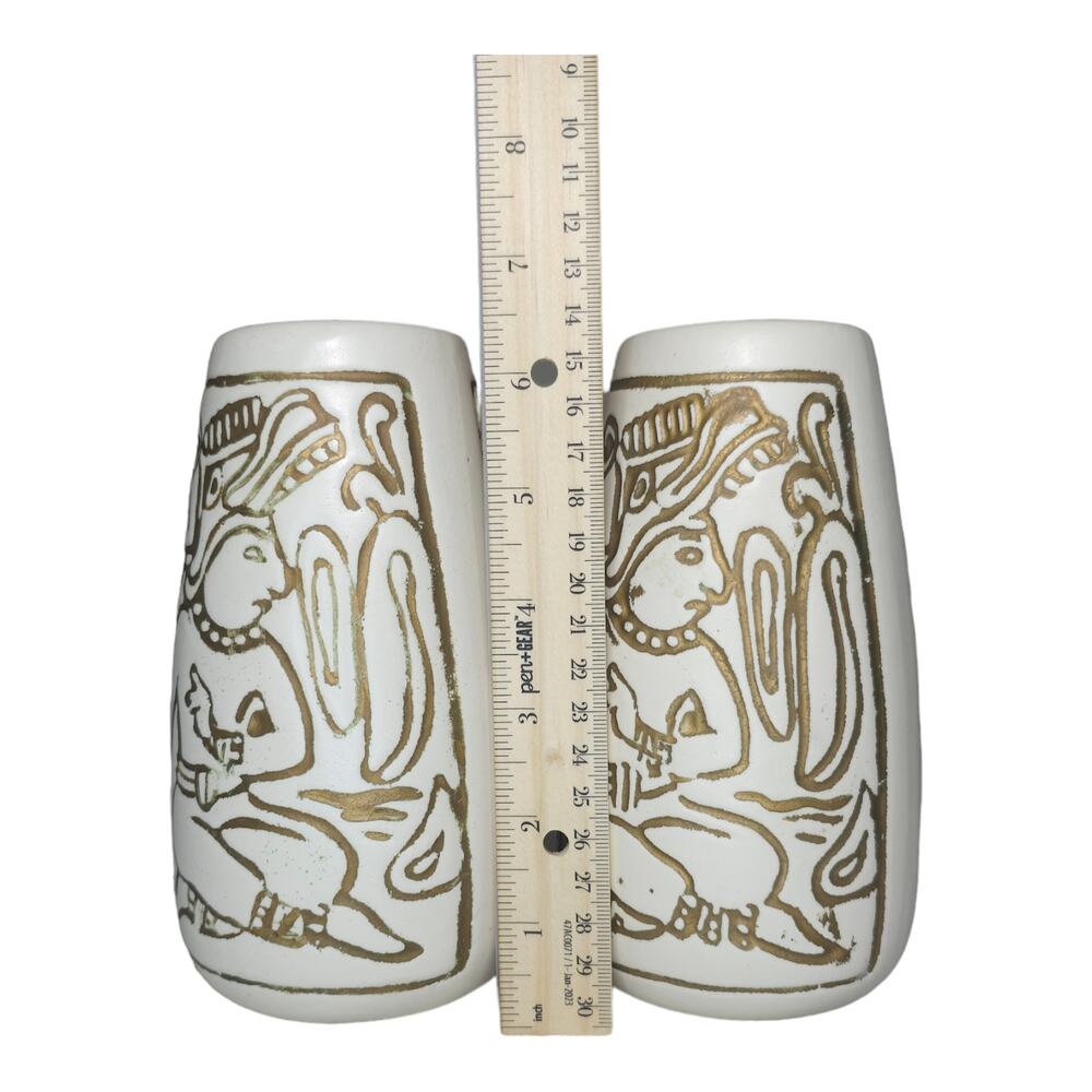 Vintage Mid-Century Mayan Aztec Native Design Vase Pair Cream Gold USA Made - Picture 10 of 16
